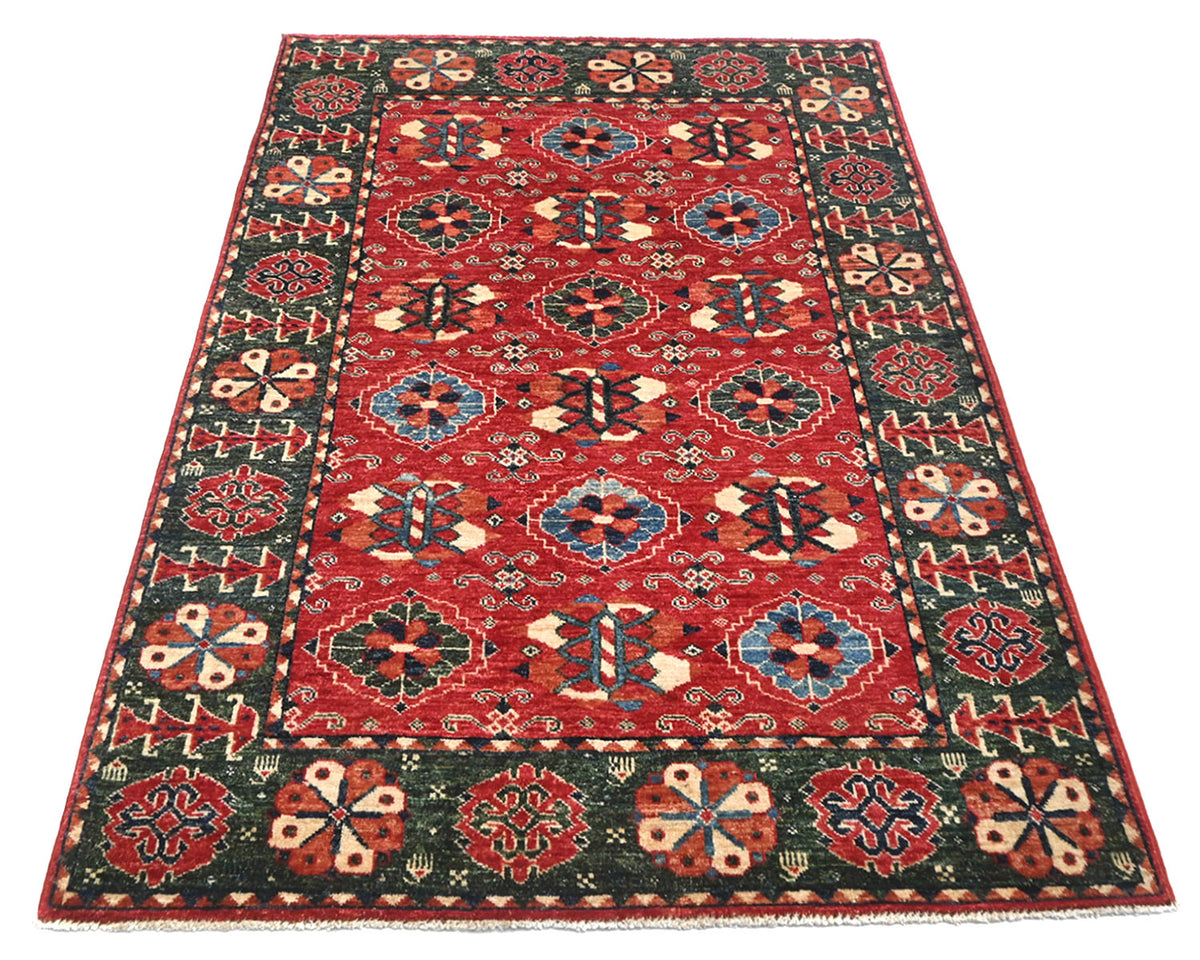 Alfombra afgana Ersari de lana teñida con vegetales, anudada a mano, de 4 x 6 pulgadas, color rojo y verde
