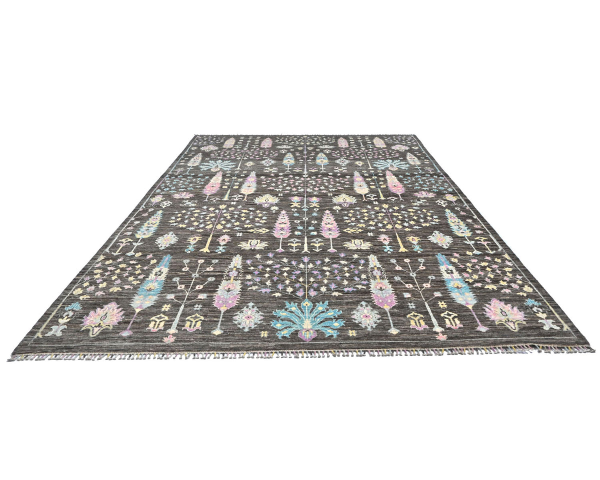 Alfombra afgana de lana anudada a mano Khurgeen gris de 9 x 12 pulgadas