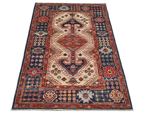 3x5 Beige Blue Aryana Afghan Hand Knotted Veg Dye Wool Area Rug