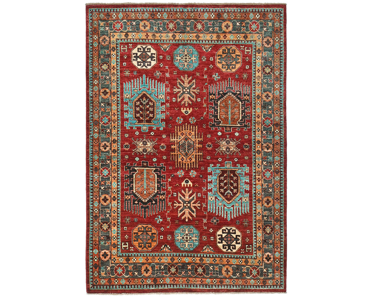 Alfombra de lana teñida vegetal anudada a mano Ersari roja de 5x7