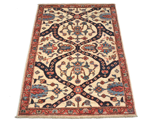 Alfombra afgana Aryana beige de lana teñida con vegetales, anudada a mano, 3x4