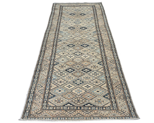 9 Ft Kazak Afghan Hand Knotted Geometric Wool Runner Rug
