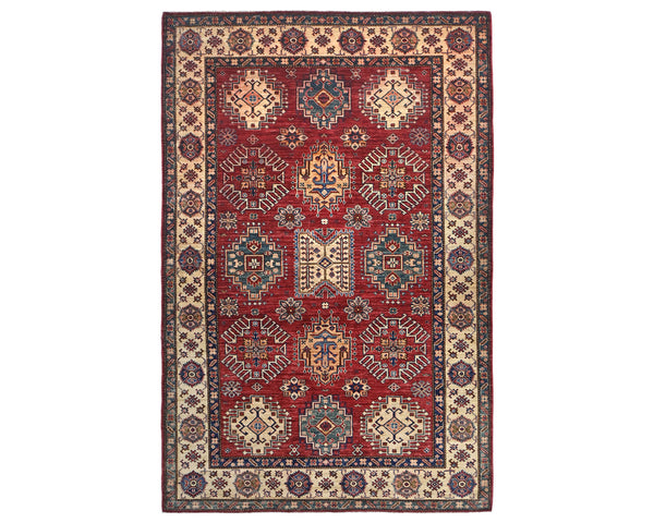 Red 6x9 Kazak Afghan Hand Knotted Geometric Wool Area Rug