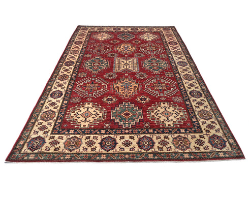 Red 6x9 Kazak Afghan Hand Knotted Geometric Wool Area Rug