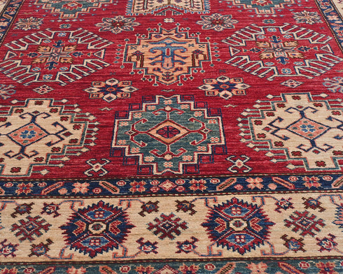 Red 6x9 Kazak Afghan Hand Knotted Geometric Wool Area Rug