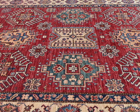 Red 6x9 Kazak Afghan Hand Knotted Geometric Wool Area Rug
