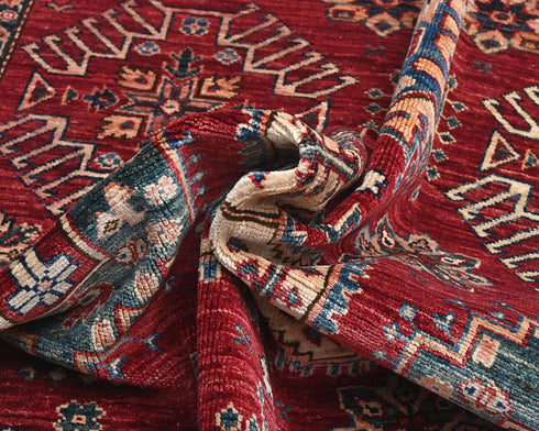 Red 6x9 Kazak Afghan Hand Knotted Geometric Wool Area Rug