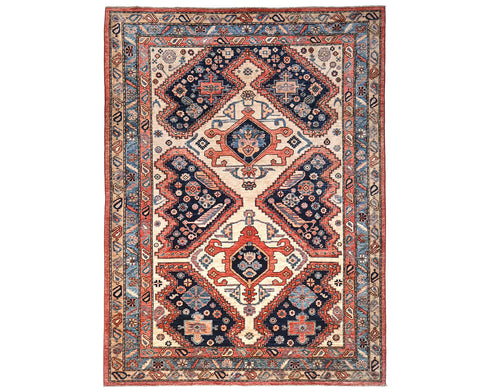 Alfombra afgana Aryana de lana teñida con tinte vegetal, anudada a mano, color beige y azul, de 6 x 9 pulgadas