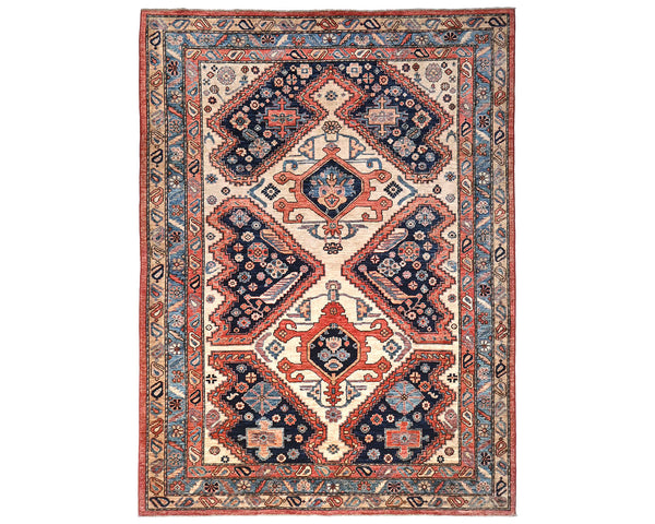 6x9 Beige Blue Aryana Afghan Hand Knotted Veg Dye Wool Area Rug