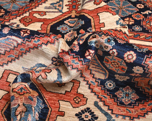 Alfombra afgana Aryana de lana teñida con tinte vegetal, anudada a mano, color beige y azul, de 6 x 9 pulgadas