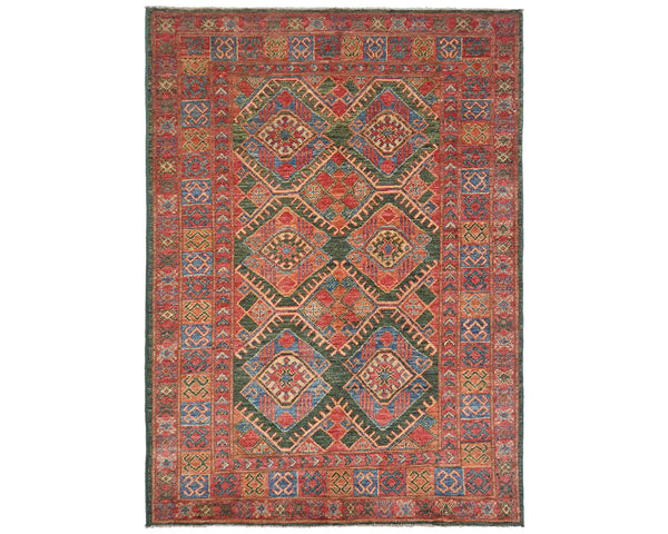 4x6 Red Green Ersari Afghan Hand Knotted Veg Dye Wool Area Rug