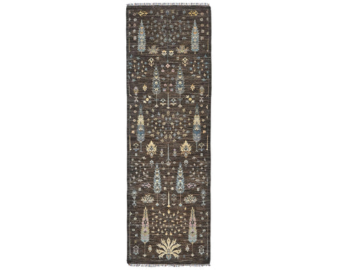 13 Feet Brown Gray Khurgeen Afghan Hand Knotted Wool Runner Rug