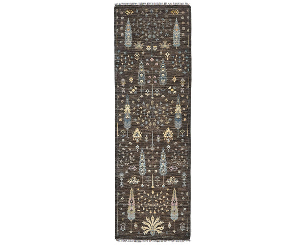 13 Feet Brown Gray Khurgeen Afghan Hand Knotted Wool Runner Rug