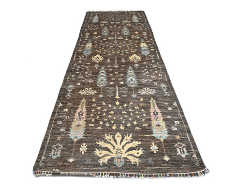 13 Feet Brown Gray Khurgeen Afghan Hand Knotted Wool Runner Rug
