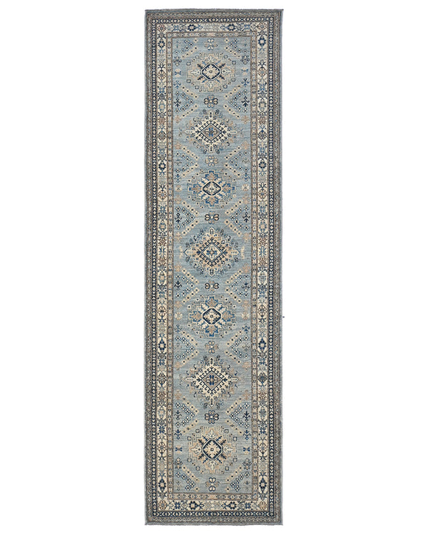 10 Feet Light Blue Kazak Afghan Hand Knotted Geometric Wool Runner Rug