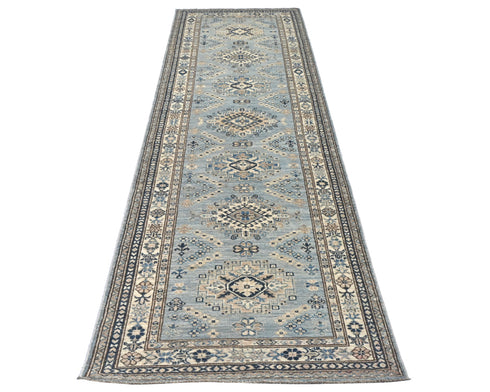 10 Feet Light Blue Kazak Afghan Hand Knotted Geometric Wool Runner Rug