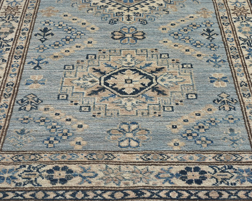 10 Feet Light Blue Kazak Afghan Hand Knotted Geometric Wool Runner Rug