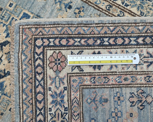 10 Feet Light Blue Kazak Afghan Hand Knotted Geometric Wool Runner Rug