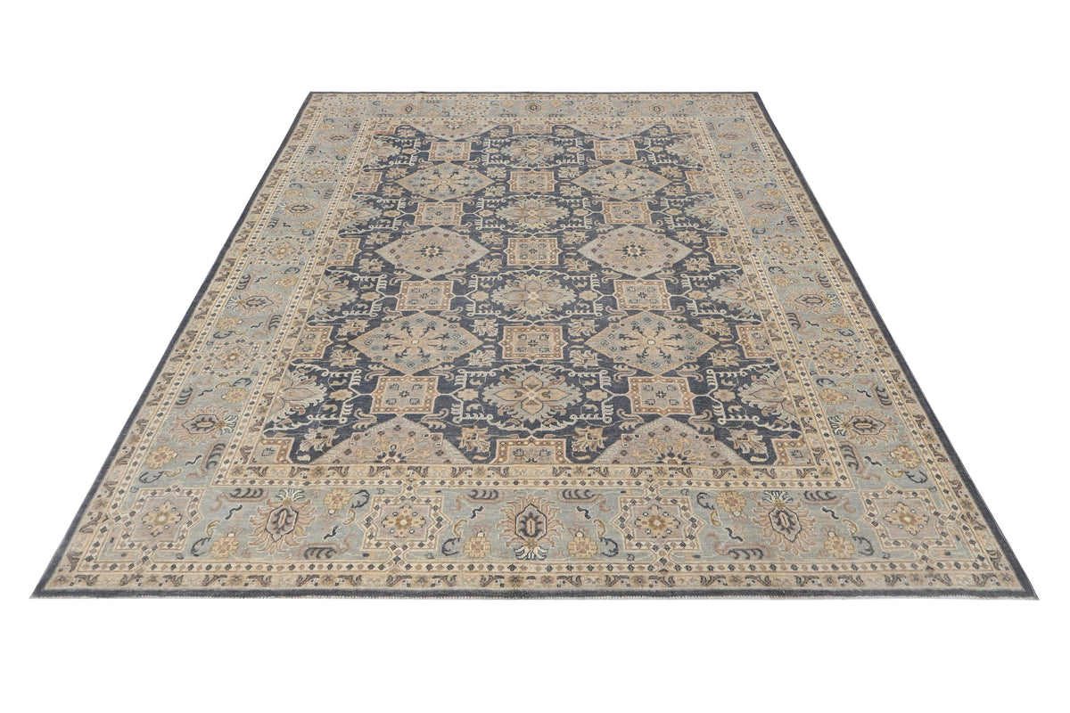 8x10 Chobi Gray Afghan Hand Knotted Geometric Wool Area Rug