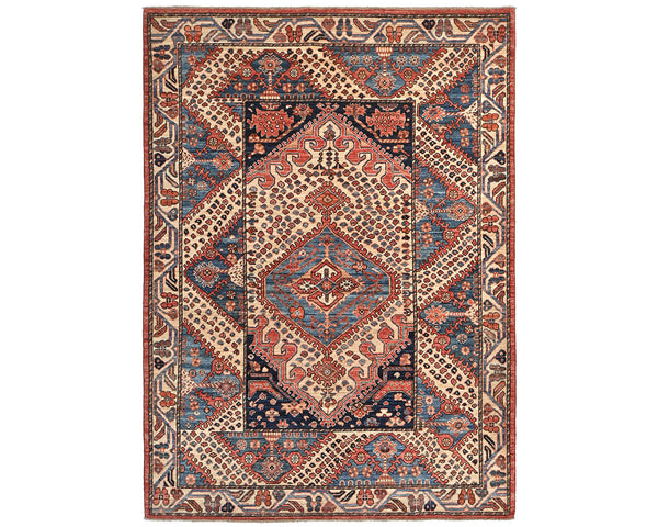 5x7 Beige Blue Aryana Afghan Hand Knotted Veg Dye Wool Area Rug