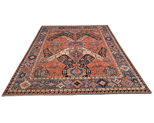 8x10 Rust Blue Aryana Afghan Hand Knotted Veg Dye Wool Area Rug