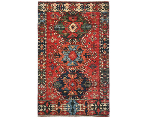 Alfombra de lana teñida vegetal anudada a mano Ersari roja de 4x6