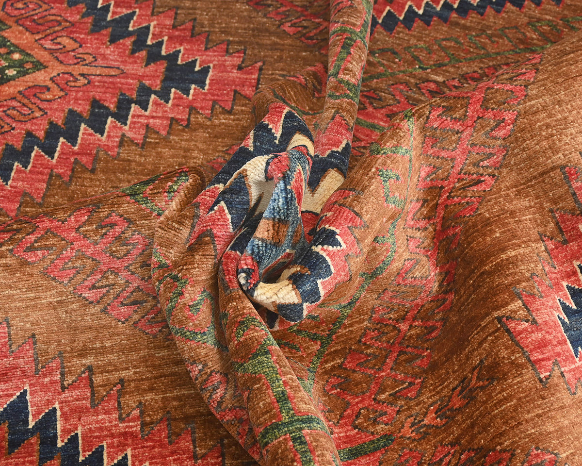 Alfombra de lana teñida vegetal anudada a mano Ersari marrón de 6x8