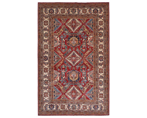 Red 6x8 Kazak Afghan Hand Knotted Geometric Wool Area Rug