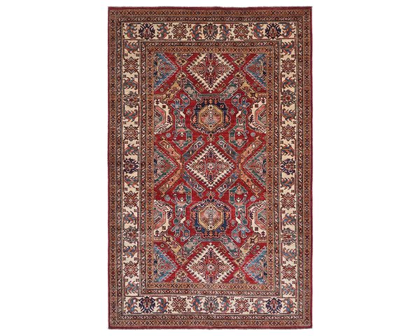 Red 6x8 Kazak Afghan Hand Knotted Geometric Wool Area Rug
