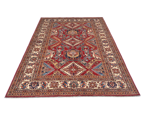 Red 6x8 Kazak Afghan Hand Knotted Geometric Wool Area Rug