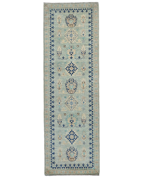 8 Feet Kazak Light Blue Afghan Hand Knotted Traditional Wool Runner Rug