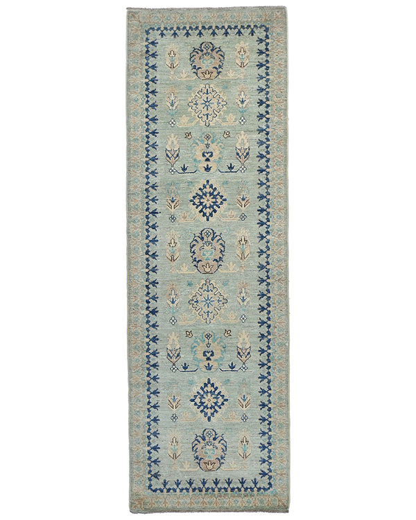 8 Feet Kazak Light Blue Afghan Hand Knotted Traditional Wool Runner Rug