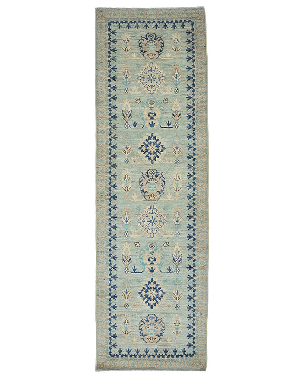 8 Ft Light Blue Kazak Afghan Hand Knotted Traditional Wool Runner Rug