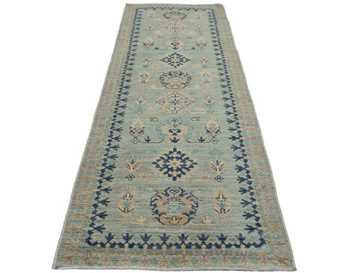 8 Ft Light Blue Kazak Afghan Hand Knotted Traditional Wool Runner Rug