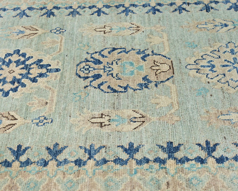 8 Ft Light Blue Kazak Afghan Hand Knotted Traditional Wool Runner Rug