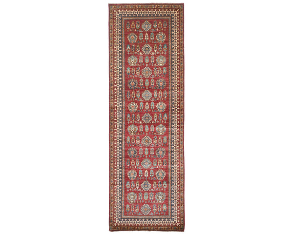 12 Feet Red Kazak Afghan Hand Knotted Wool Runner Rug