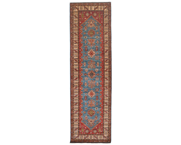 13 Feet Blue Red Kazak Afghan Hand Knotted Wool Runner Rug