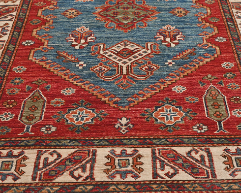 13 Feet Blue Red Kazak Afghan Hand Knotted Wool Runner Rug