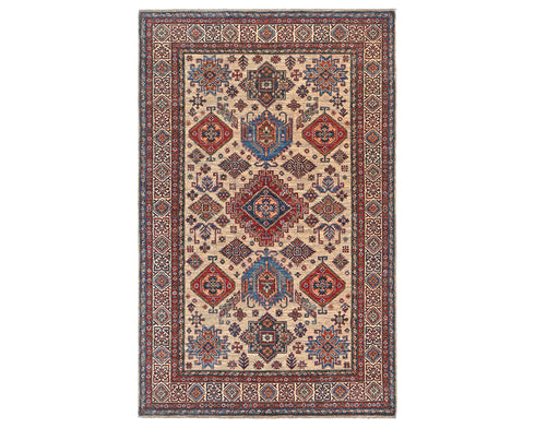 6x8 Ft Kazak Light Brown Afghan Hand Knotted Geometric Wool Area Rug