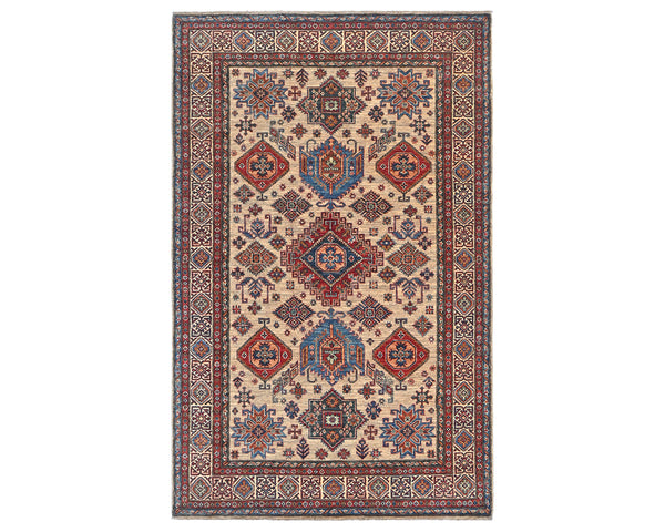 6x8 Ft Kazak Light Brown Afghan Hand Knotted Geometric Wool Area Rug