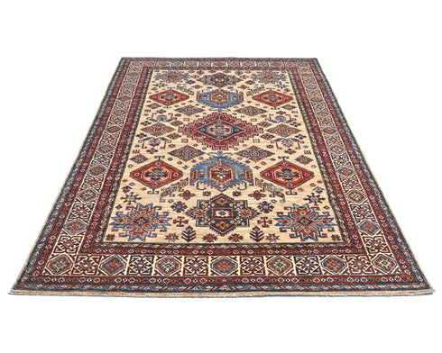 6x8 Ft Kazak Light Brown Afghan Hand Knotted Geometric Wool Area Rug