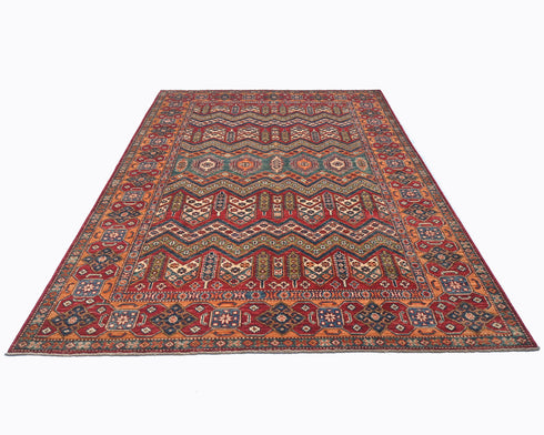 6x9 Ft Multicolor Kazak Afghan Hand Knotted Geometric Wool Area Rug