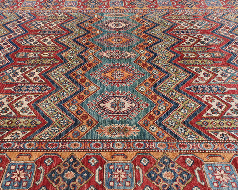 6x9 Ft Multicolor Kazak Afghan Hand Knotted Geometric Wool Area Rug