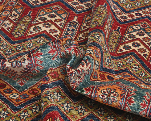 6x9 Ft Multicolor Kazak Afghan Hand Knotted Geometric Wool Area Rug