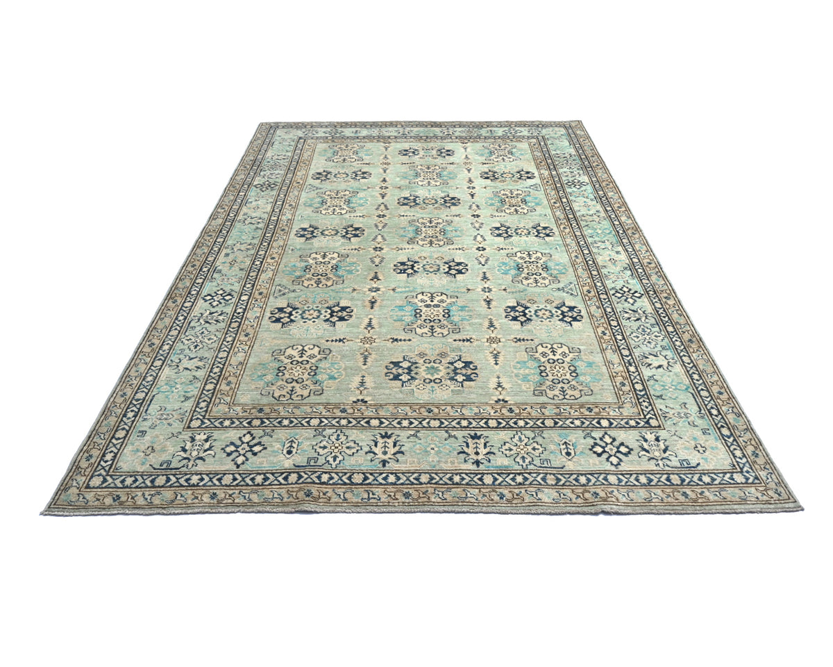 Alfombra afgana de lana geométrica anudada a mano, color azul claro Kazak, 6x9
