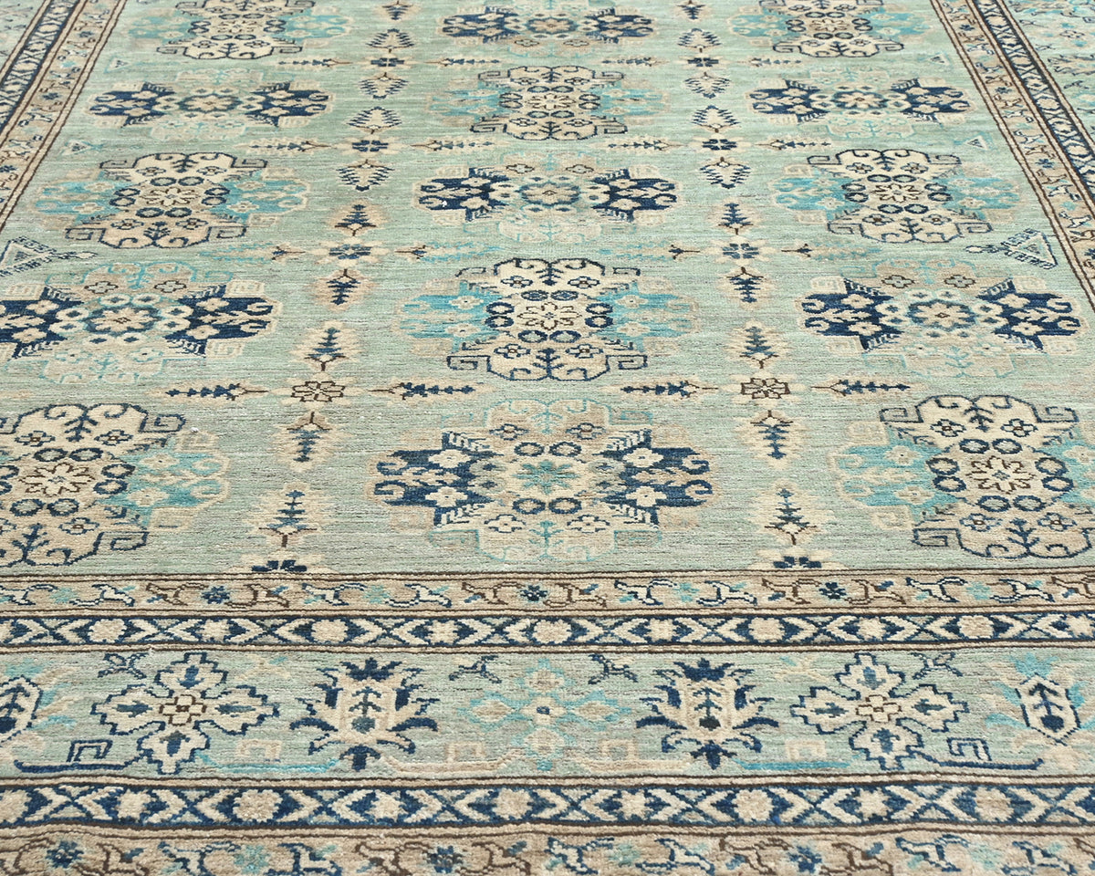 Alfombra afgana de lana geométrica anudada a mano, color azul claro Kazak, 6x9
