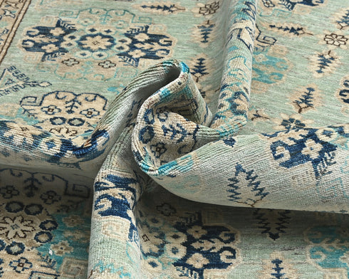 6x9 Kazak Light Blue Afghan Hand Knotted Geometric Wool Area Rug