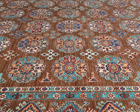 8x11 Brown Kazak Afghan Hand Knotted Geometric Wool Area Rug