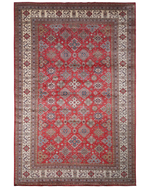 Alfombra afgana Kazak de lana roja anudada a mano de 13 x 19