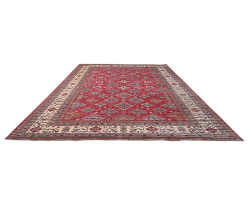 Alfombra afgana Kazak de lana roja anudada a mano de 13 x 19